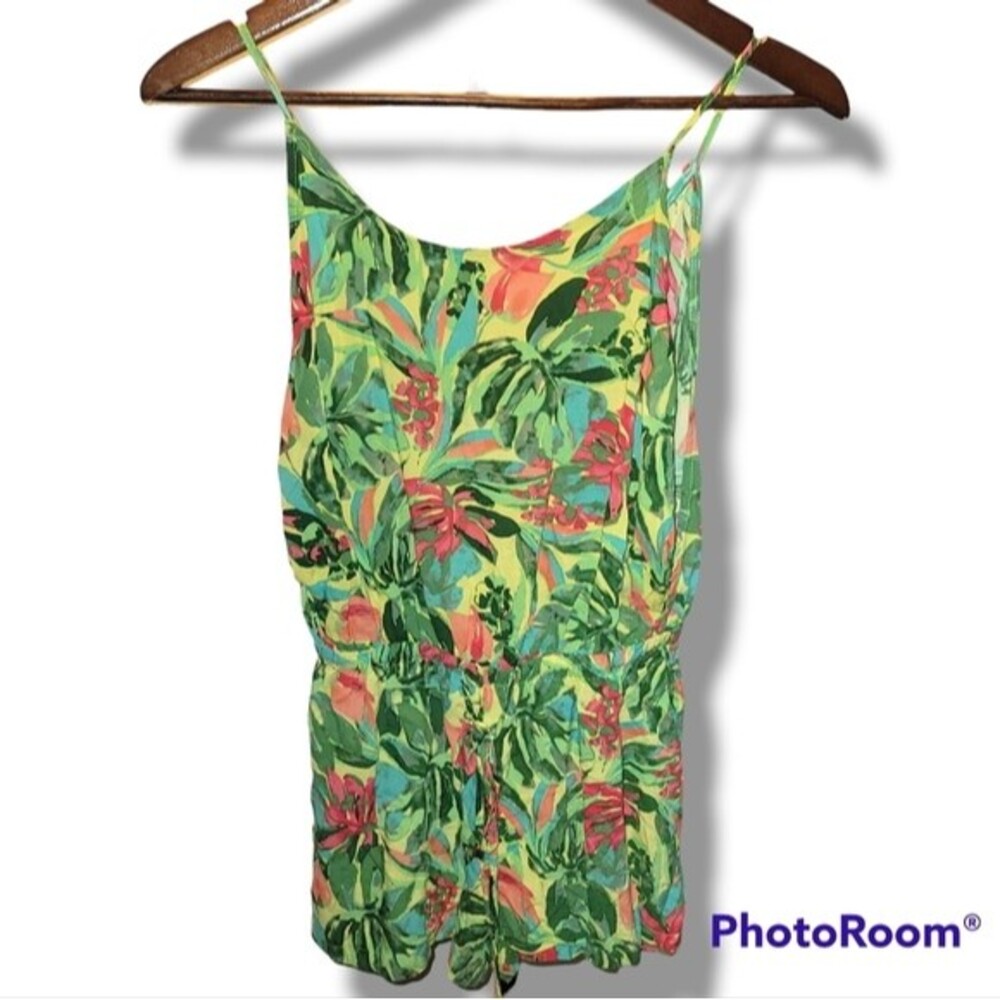 Women's Secret Tropical Tank Romper S Small Floral Jungle Green Pink Summer Cute